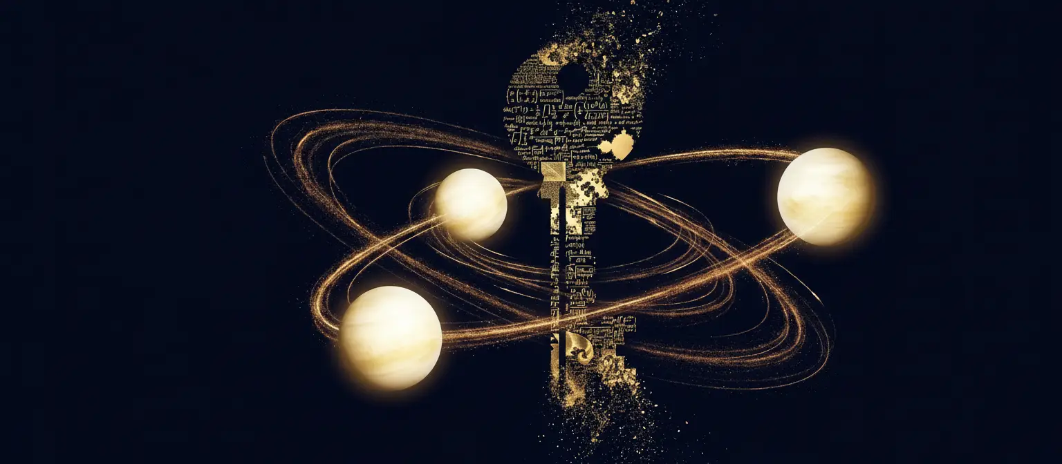 Three-Body Problem Cipher — golden key with three orbiting bodies